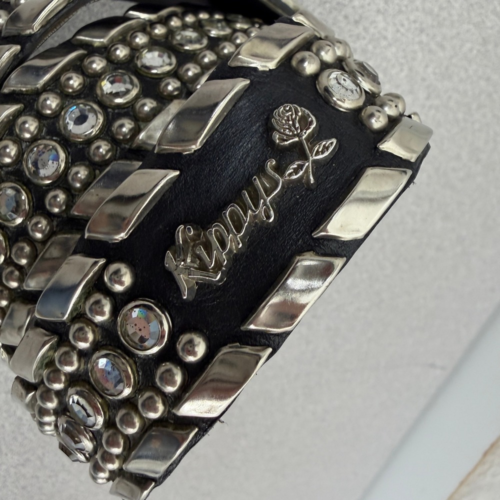 BB Simon Belt Womens 34 Black Studded Rhinestone Leather Western Silver Kippys - Picture 2 of 8
